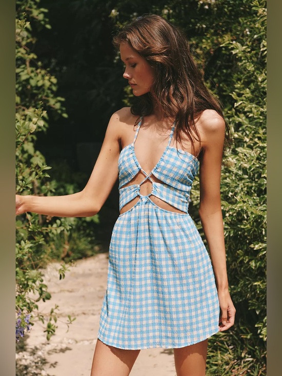 Maaji Dresses & Skirts - Maaji x Anthropologie Odaline Gingham Cutout Mini Dress M Blue Yellow